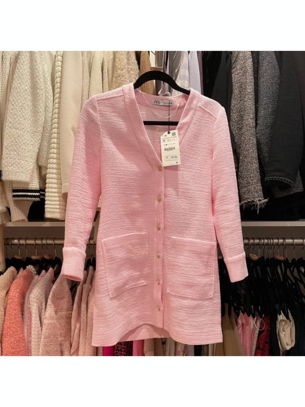 ZARA Pink Tweed Gold Button Sweater Dress